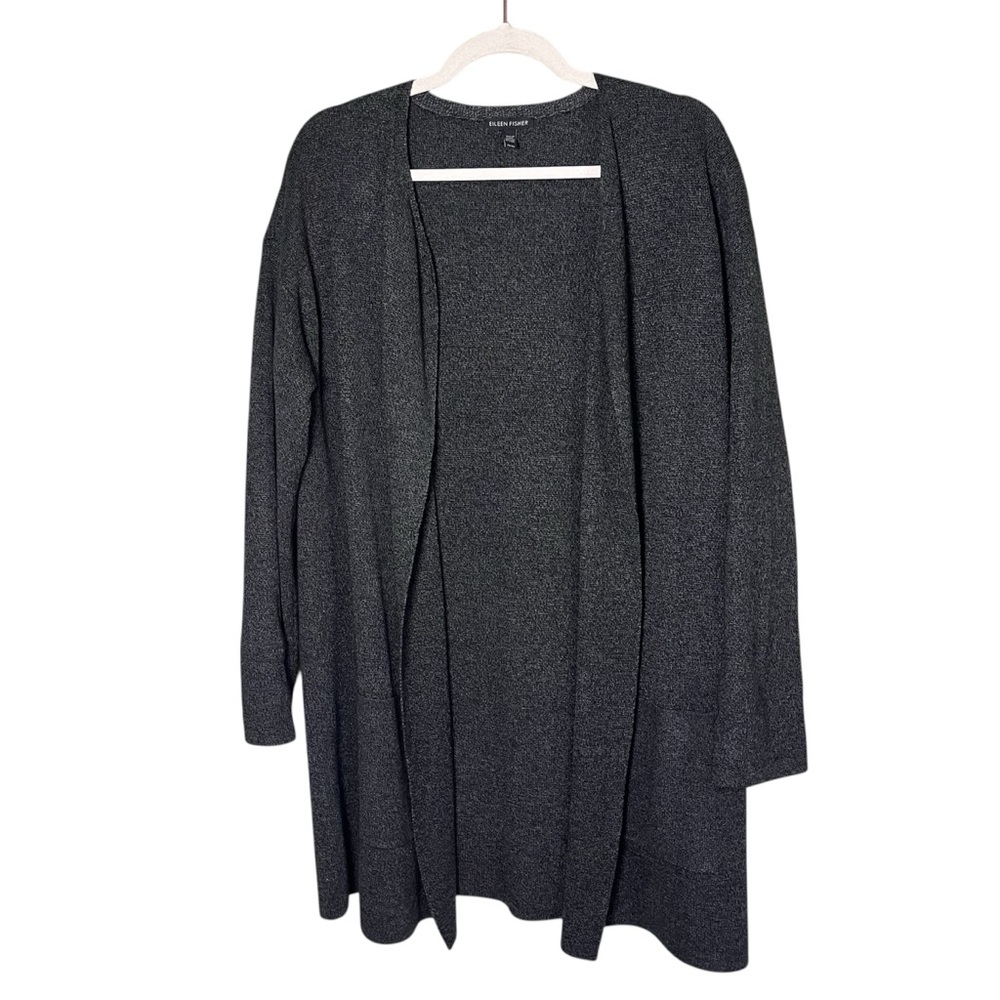 Eileen Fisher Sleek Tencel Merino Wool Knit Open Cardigan Pockets Grey Medium